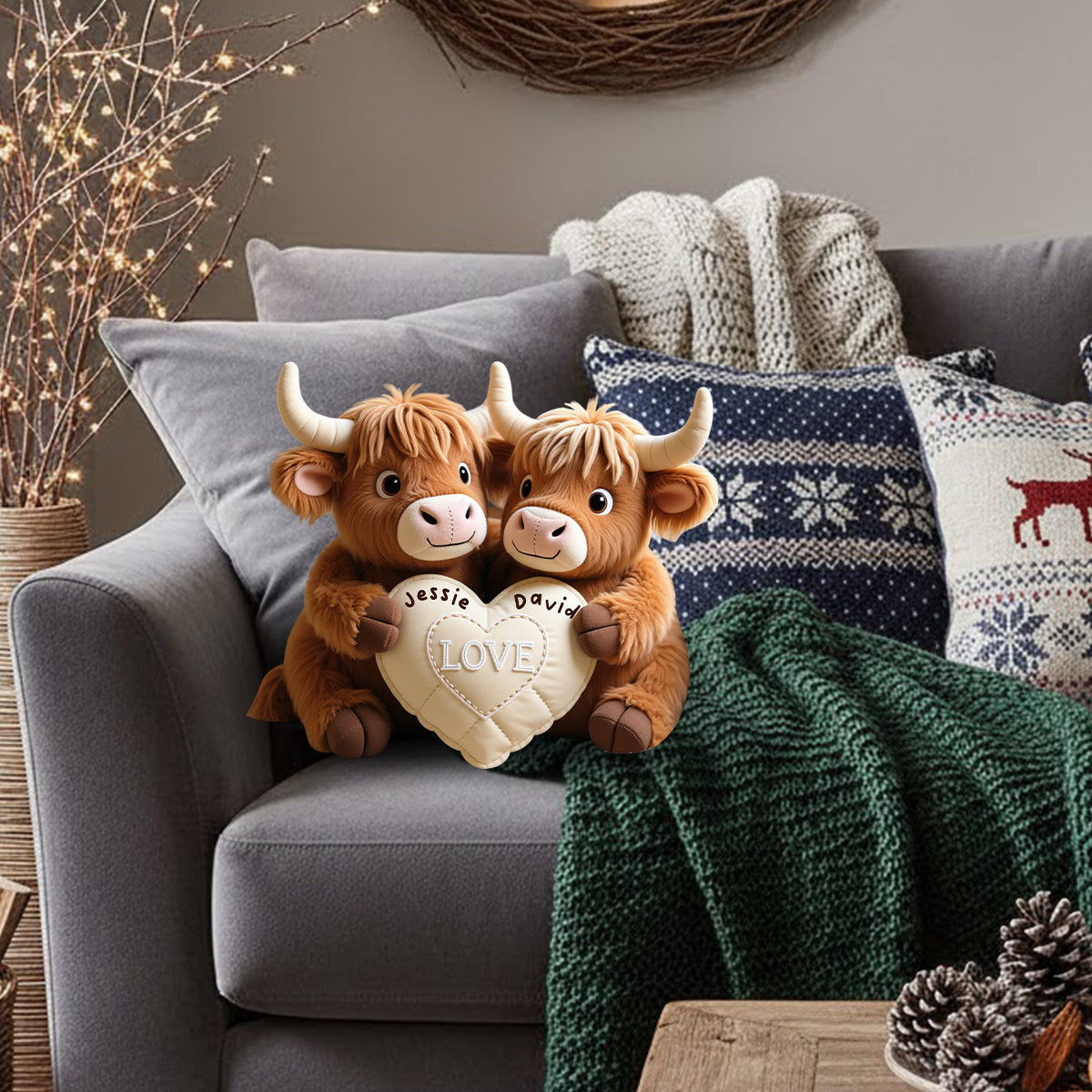 Perfect Gift For Couple - Personalized Highland Cow Faux Fur Shaped Pillow
