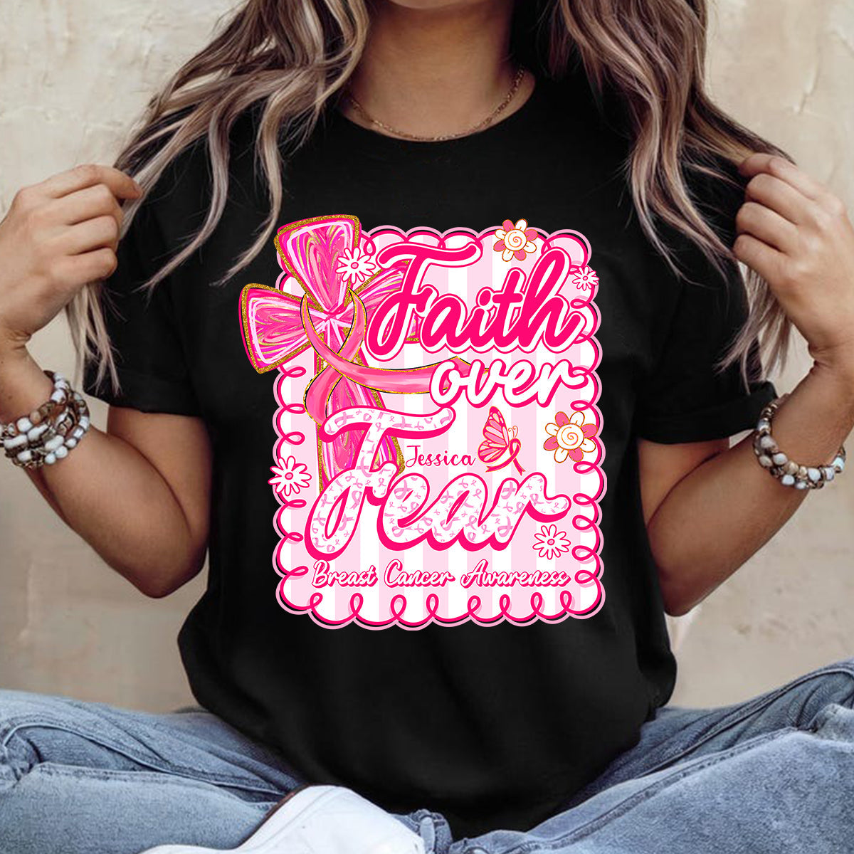 Preppy Breast Cancer Faith Over Fear - Personalized Breast Cancer Awareness T-shirt And Hoodie