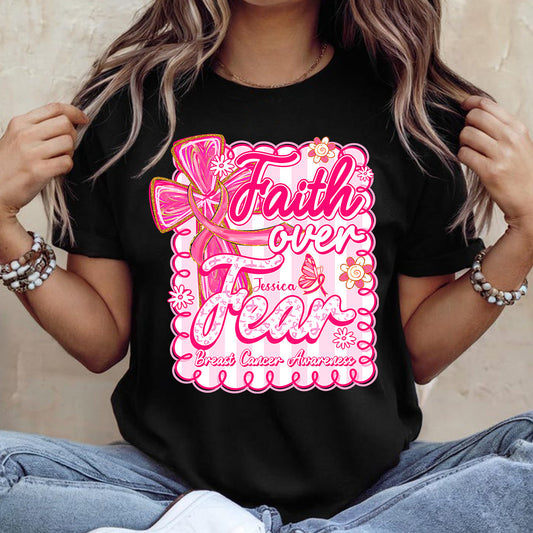 Preppy Breast Cancer Faith Over Fear - Personalized Breast Cancer Awareness T-shirt And Hoodie