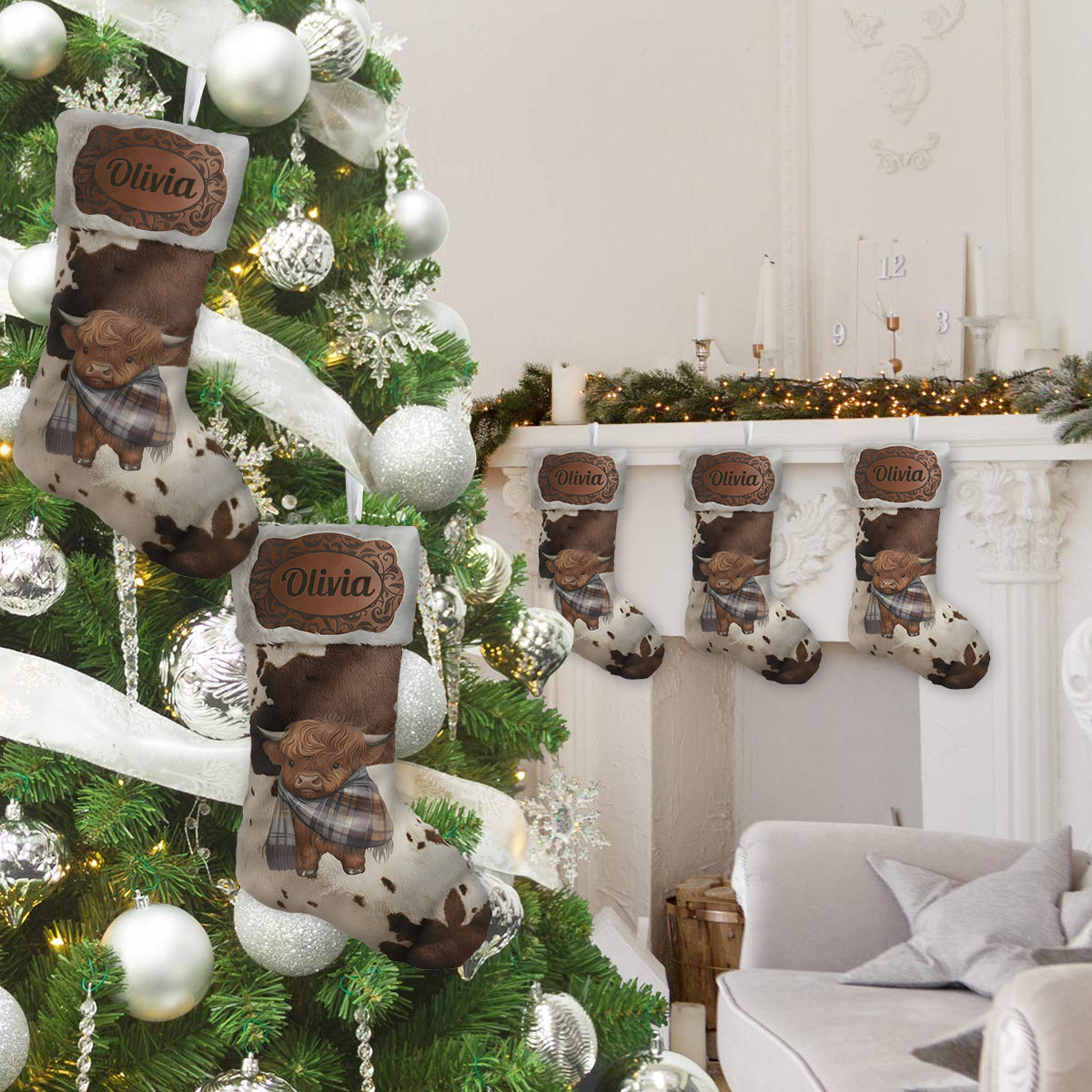 Joyeux Noël - Chaussette de Noël personnalisée en forme de vache des Highlands