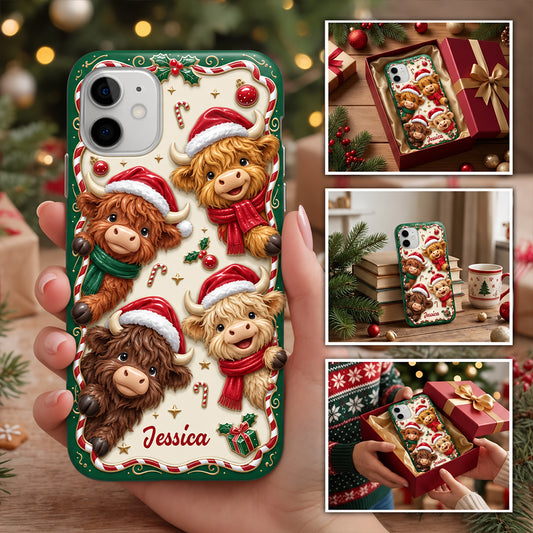 Merry Christmas Cute Highland Cows - Personalized Highland Cow 3D Embossed Leather Phone Case