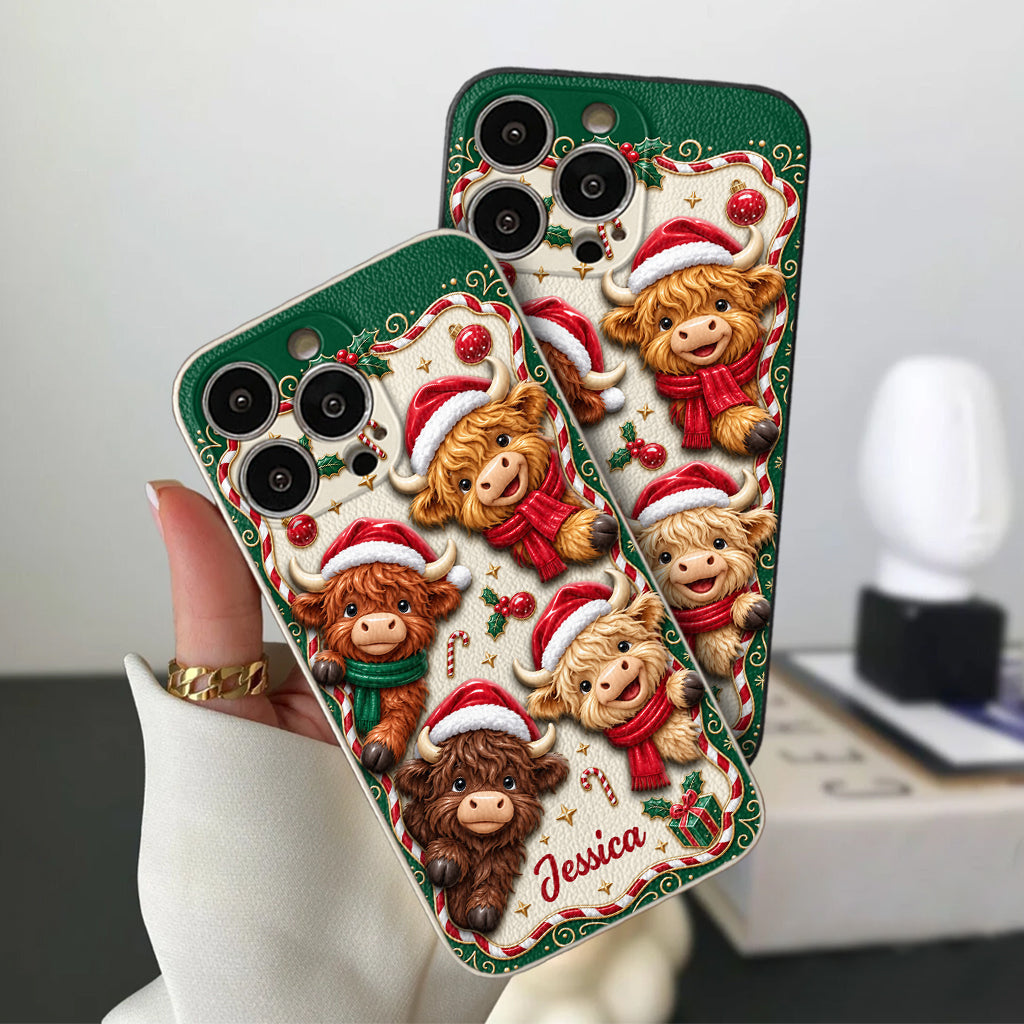 Merry Christmas Cute Highland Cows - Personalized Highland Cow 3D Embossed Leather Phone Case