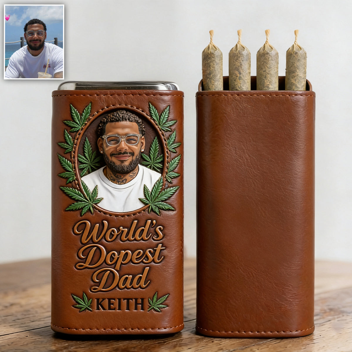 Cannabis Enthusiast, World's Dopest Dad - Personalized Weed Leather Pre-roll Humidor Case
