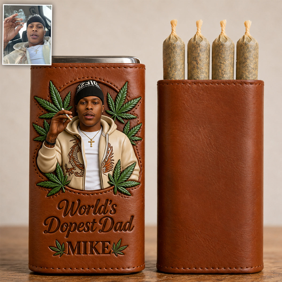 Cannabis Enthusiast, World's Dopest Dad - Personalized Weed Leather Pre-roll Humidor Case