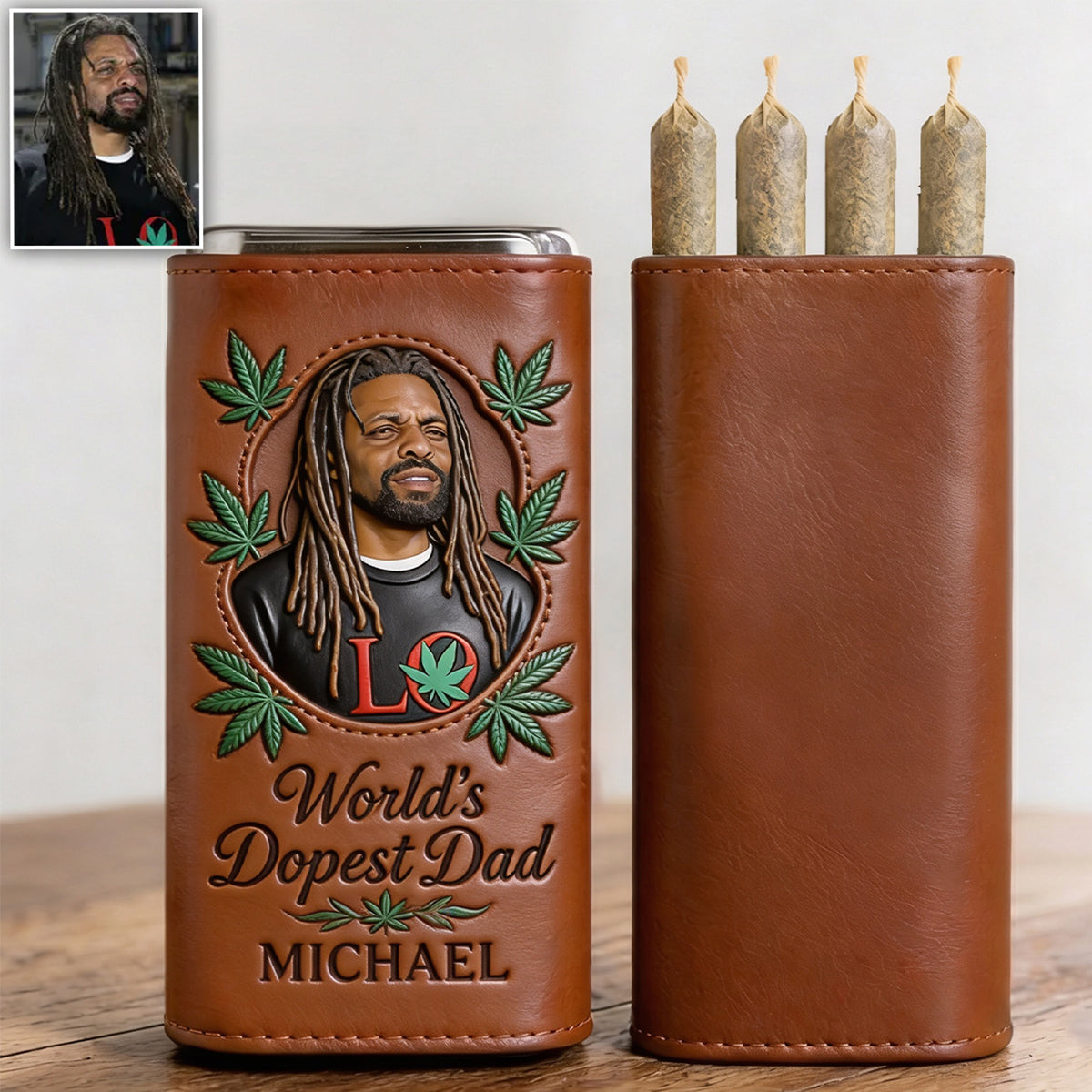 Cannabis Enthusiast, World's Dopest Dad - Personalized Weed Leather Pre-roll Humidor Case