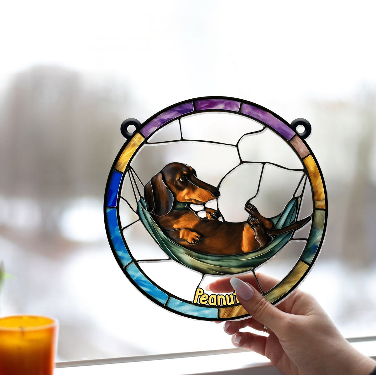 Adorable teckel - Décoration attrape-soleil personnalisée à suspendre à la fenêtre