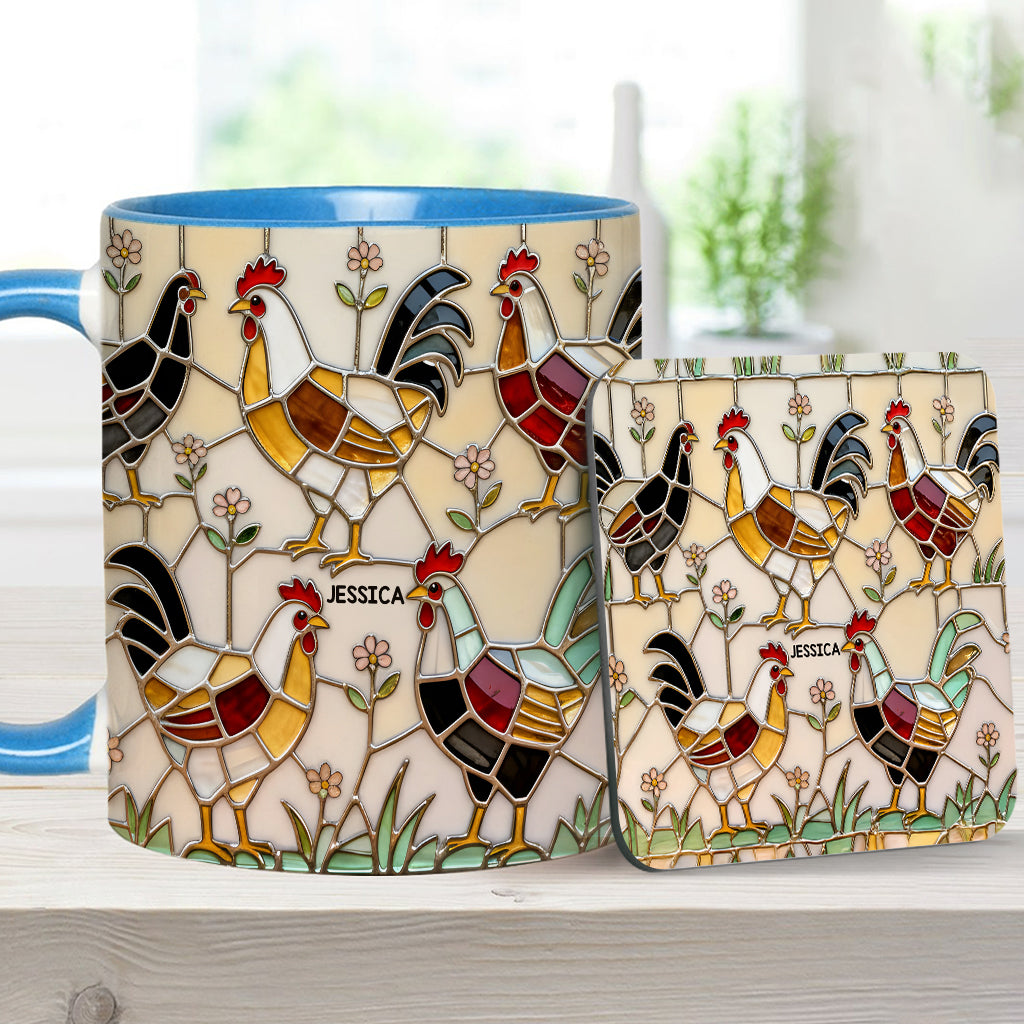 Hühnerfarm – Personalisierte Tasse und Untersetzer mit Hühnermotiv