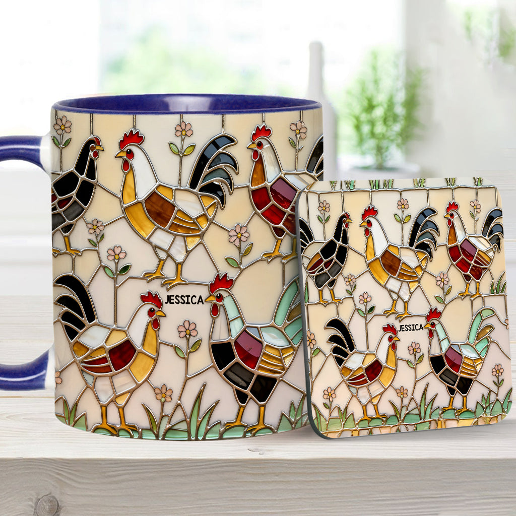 Hühnerfarm – Personalisierte Tasse und Untersetzer mit Hühnermotiv