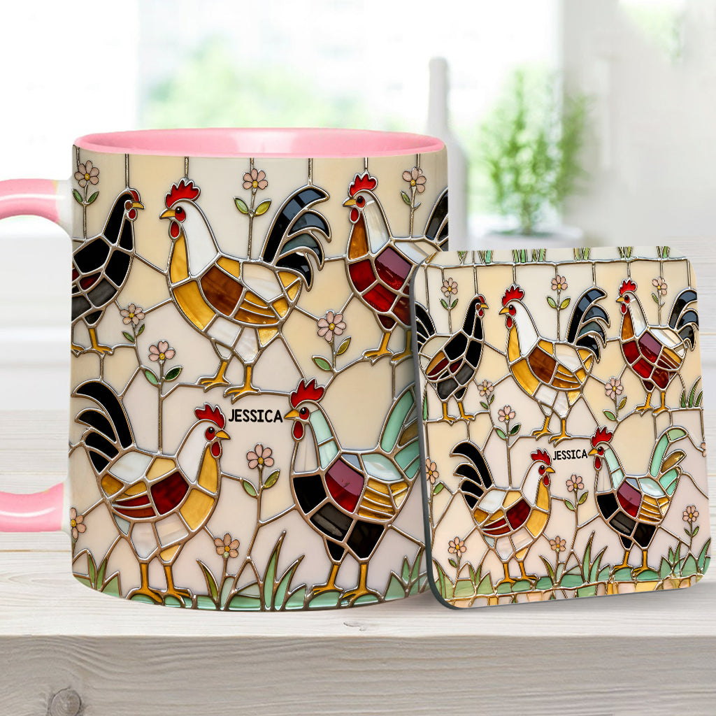 Hühnerfarm – Personalisierte Tasse und Untersetzer mit Hühnermotiv
