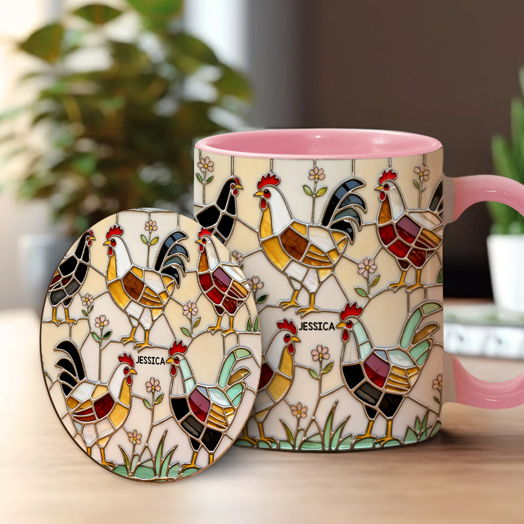 Hühnerfarm – Personalisierte Tasse und Untersetzer mit Hühnermotiv