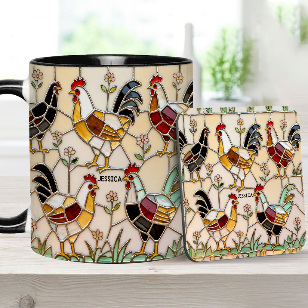 Hühnerfarm – Personalisierte Tasse und Untersetzer mit Hühnermotiv
