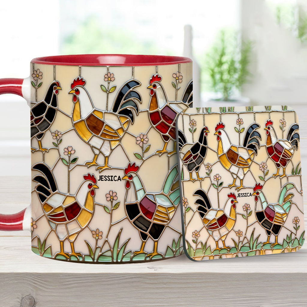 Hühnerfarm – Personalisierte Tasse und Untersetzer mit Hühnermotiv