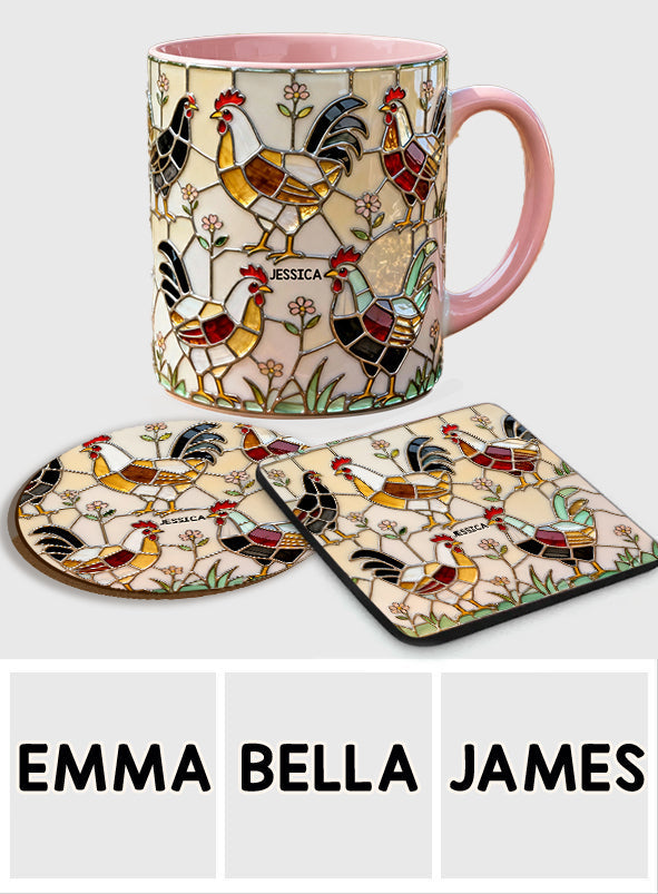 Hühnerfarm – Personalisierte Tasse und Untersetzer mit Hühnermotiv