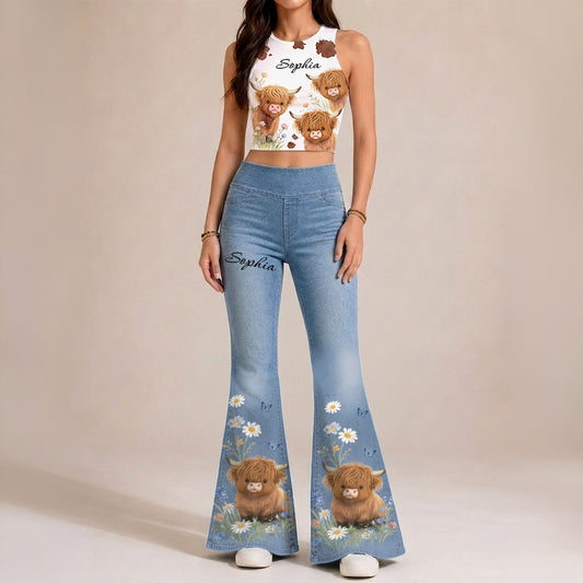 Amour des Vaches des Highlands - Leggings Évasés Personnalisés & Débardeur Court