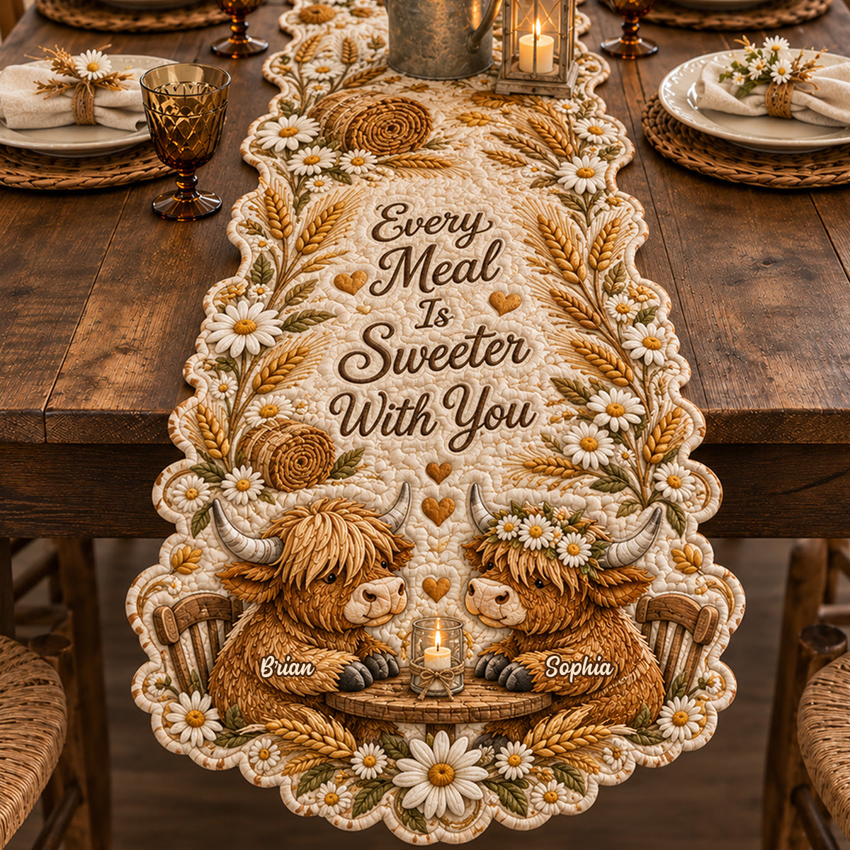 Every Meal Is Sweeter With You - Personalized Highland Cow Table Runner Custom Shape