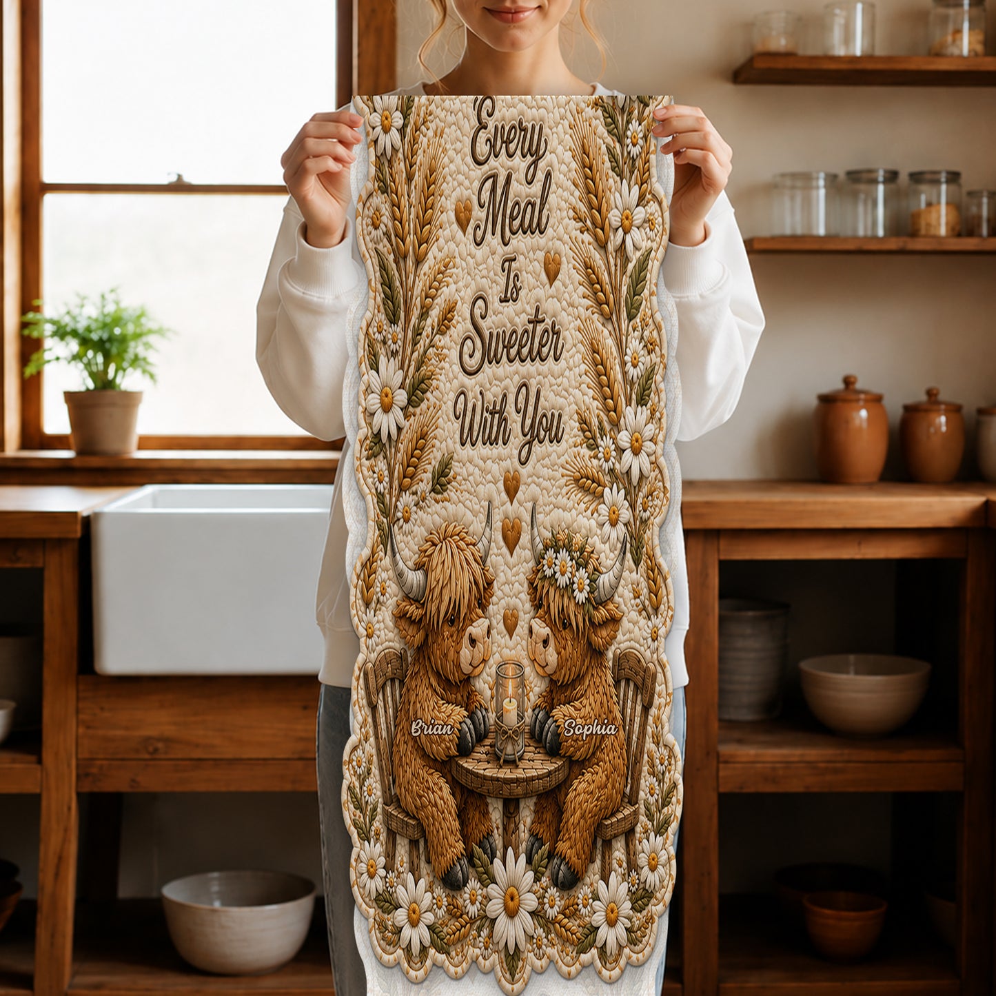 Every Meal Is Sweeter With You - Personalized Highland Cow Table Runner Custom Shape