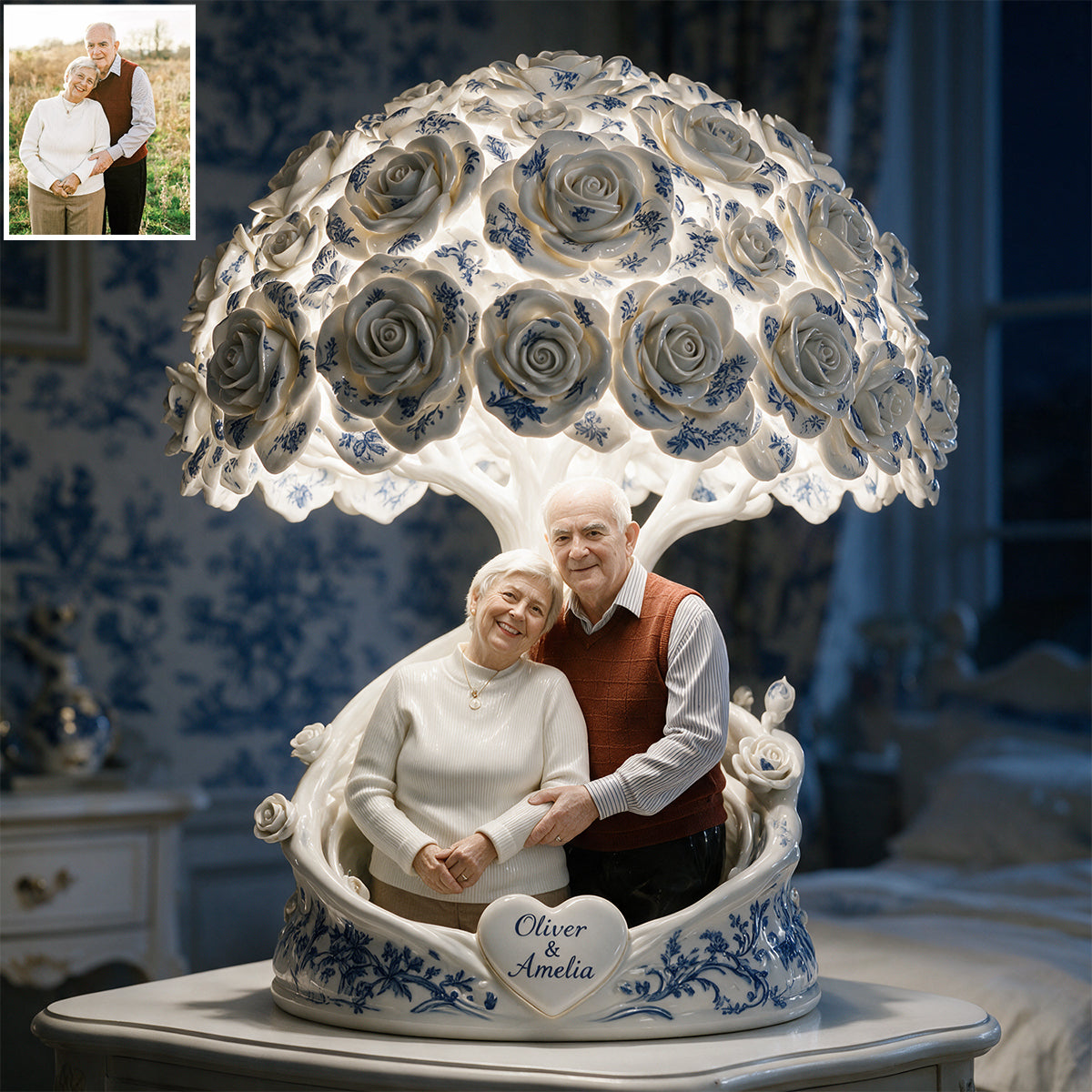 Toile de Jouy Rose Tree - Personalized Couple Acrylic LED Night Light