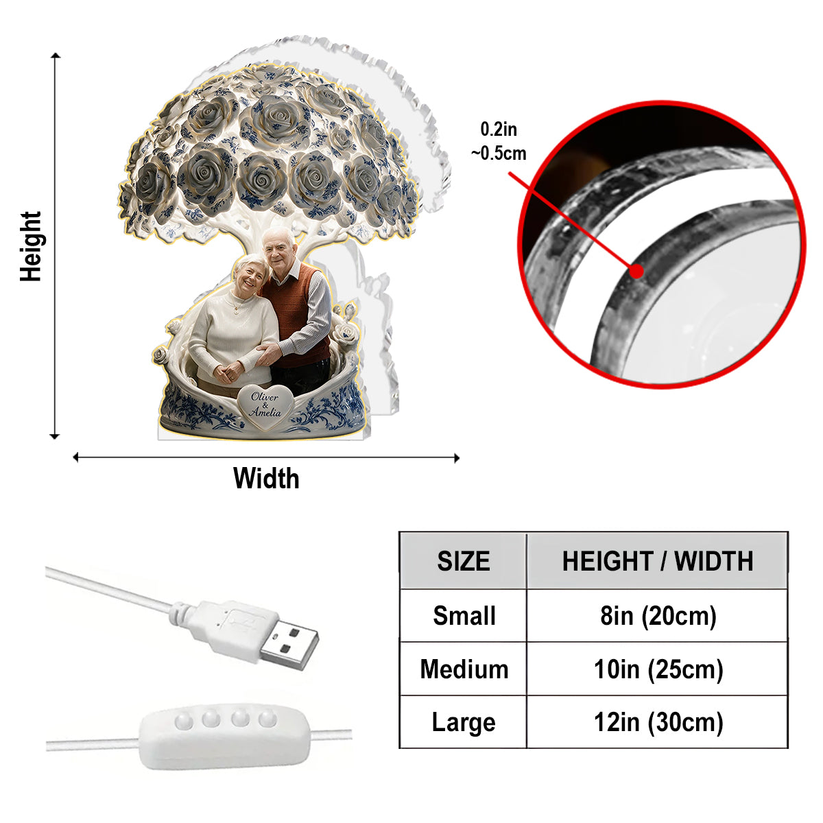 Toile de Jouy Rose Tree - Personalized Couple Acrylic LED Night Light