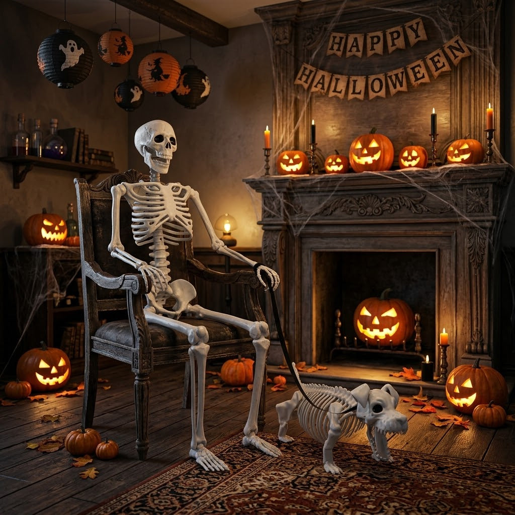 Lighted Human & Dog Skeleton Outdoor Statue