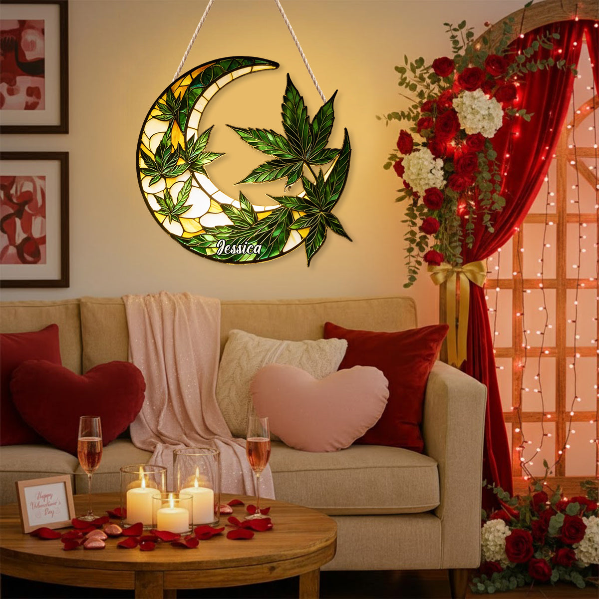 Mond und Blätter – Personalisiertes Acryl-Schild mit LED-Beleuchtung zum Thema Cannabis