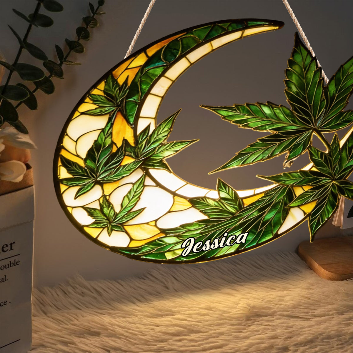 Mond und Blätter – Personalisiertes Acryl-Schild mit LED-Beleuchtung zum Thema Cannabis