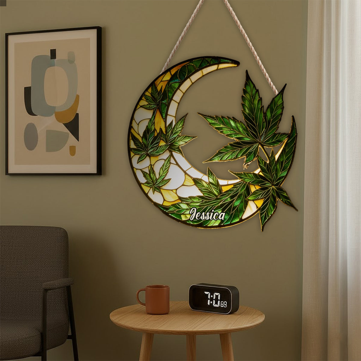 Mond und Blätter – Personalisiertes Acryl-Schild mit LED-Beleuchtung zum Thema Cannabis