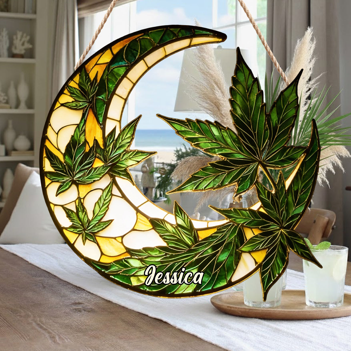 Mond und Blätter – Personalisiertes Acryl-Schild mit LED-Beleuchtung zum Thema Cannabis