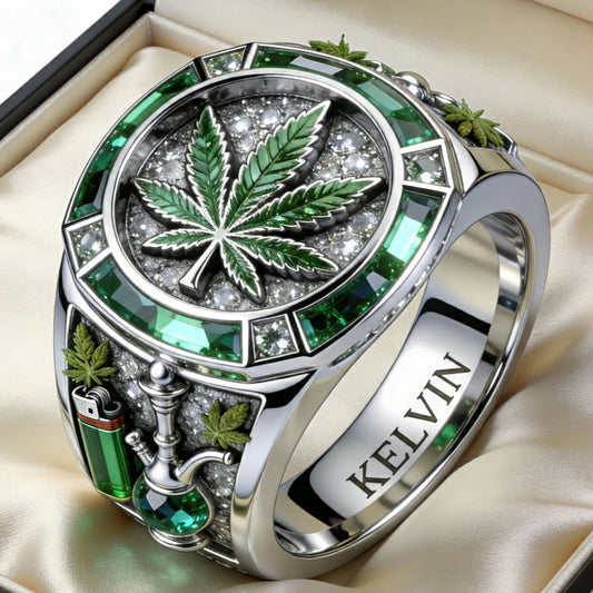 Bague chevalière personnalisée Green Magic Leaf - Cannabis