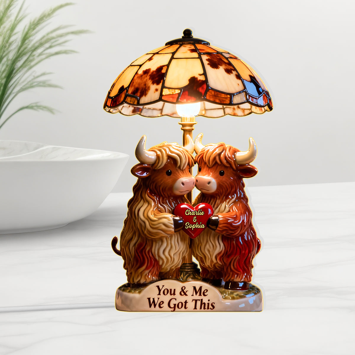 Du und ich, wir schaffen das – Personalisierte LED-Nachtleuchte aus Acryl mit Hochlandkuhmotiv