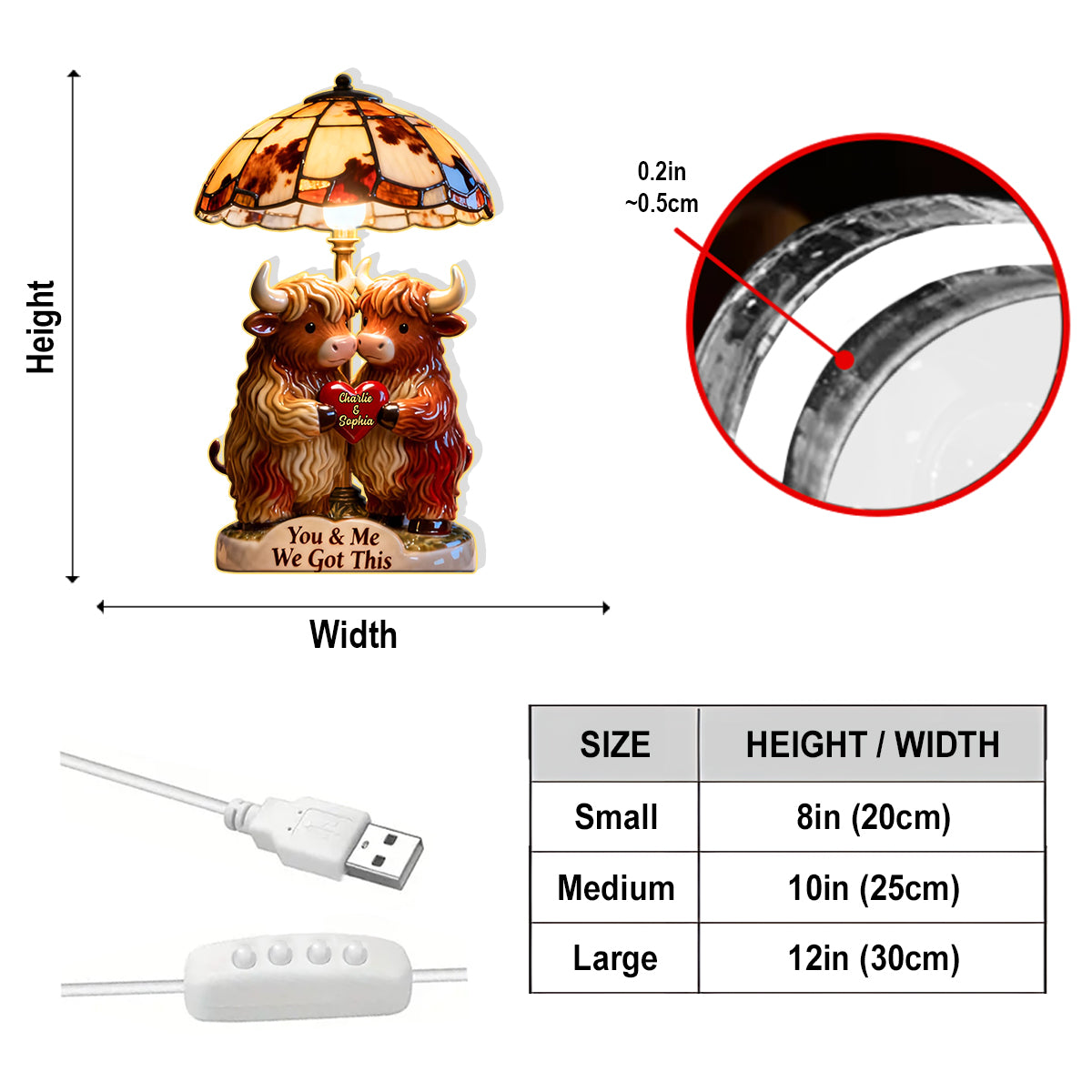 Du und ich, wir schaffen das – Personalisierte LED-Nachtleuchte aus Acryl mit Hochlandkuhmotiv
