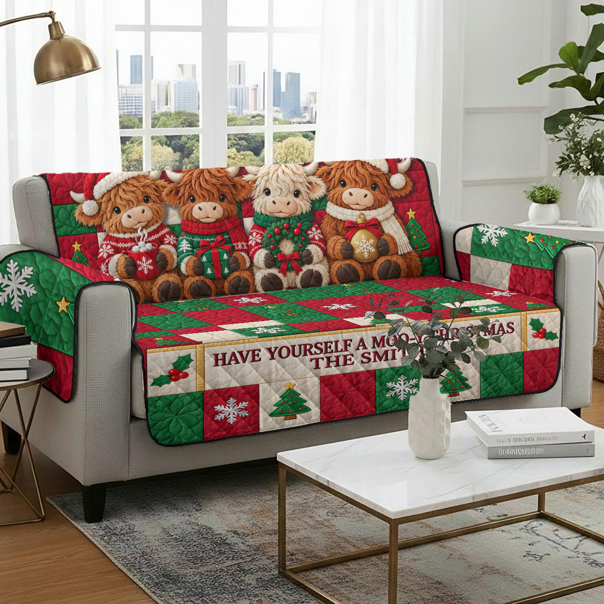 Moo-y Christmas - Personalized Highland Cow Quilted Sofa/Couch Cover