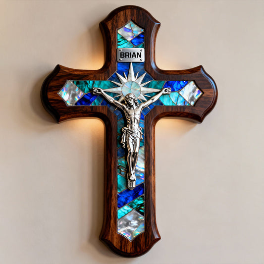 Mother Of Pearl Styled Cross - Personalized Christian Custom Shaped Wood Sign