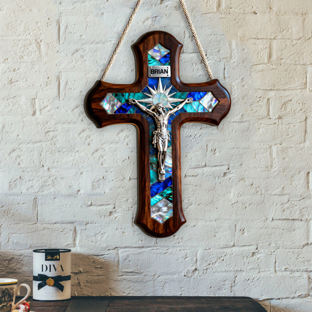 Mother Of Pearl Styled Cross - Personalized Christian Custom Shaped Wood Sign