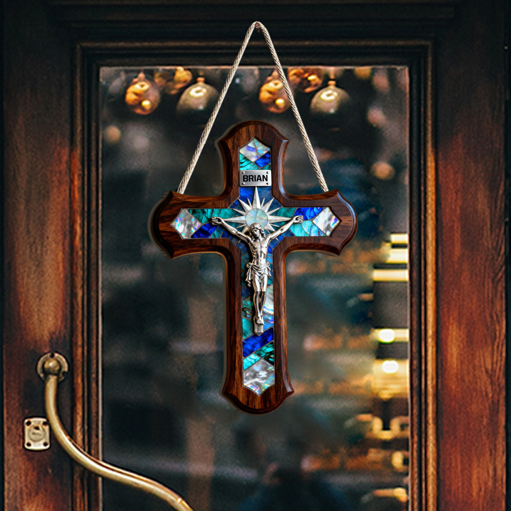 Mother Of Pearl Styled Cross - Personalized Christian Custom Shaped Wood Sign