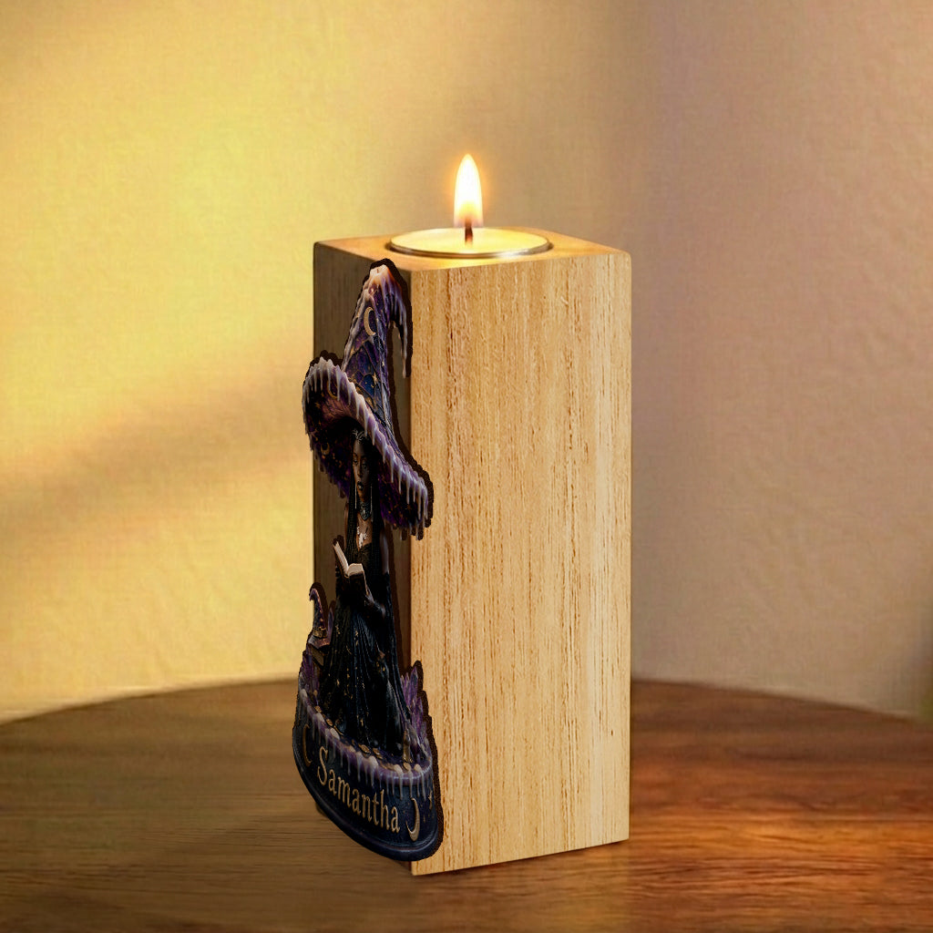 Midnight Enchantress - Personalized Witch Custom Shape Wooden Candle Holder
