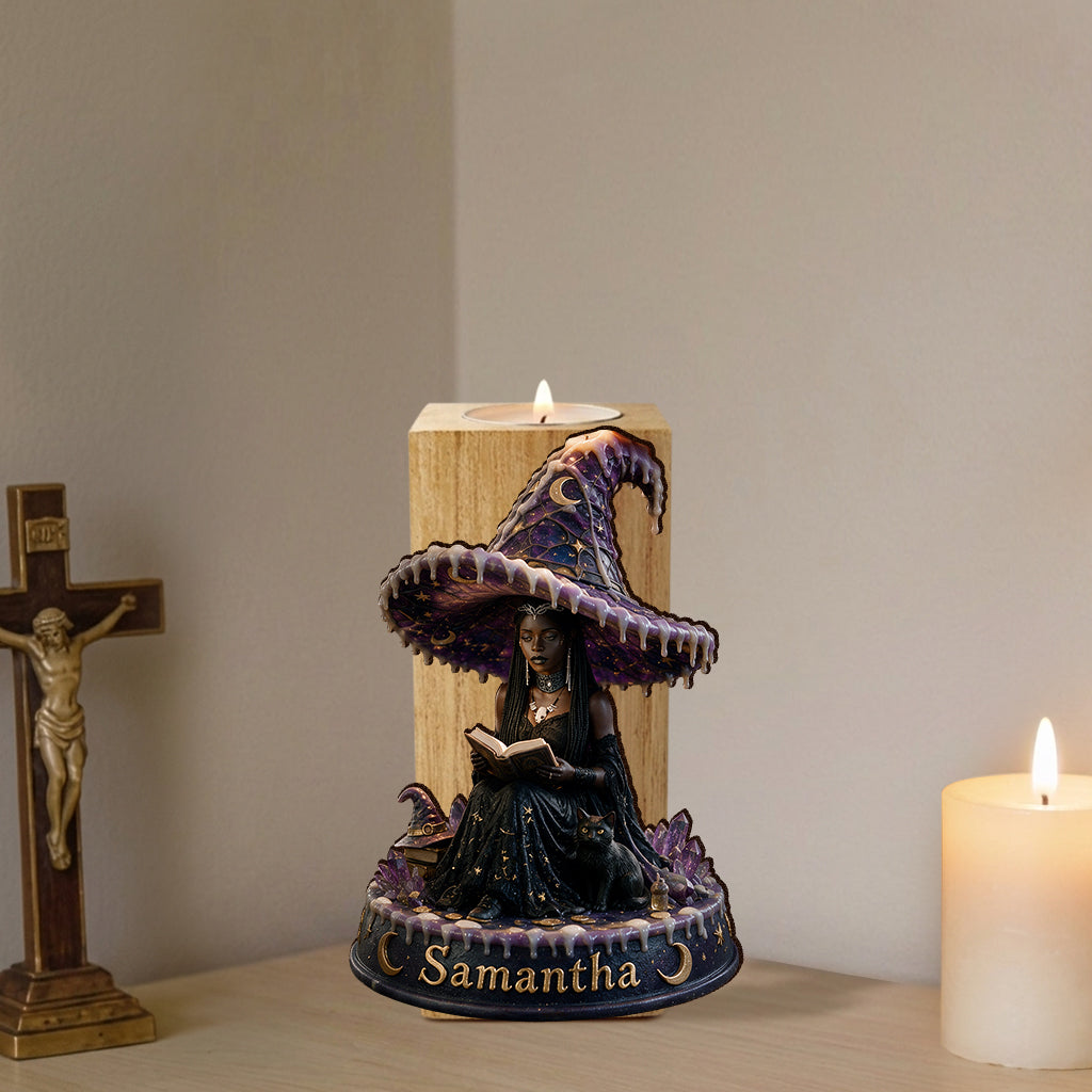 Midnight Enchantress - Personalized Witch Custom Shape Wooden Candle Holder