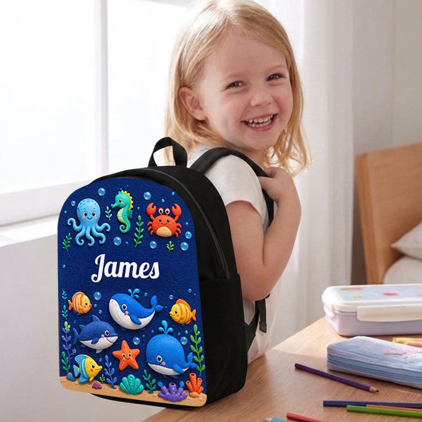 Ocean Life, Back To School Gift - Personalized Kid Changeable Leather Patch Backpack