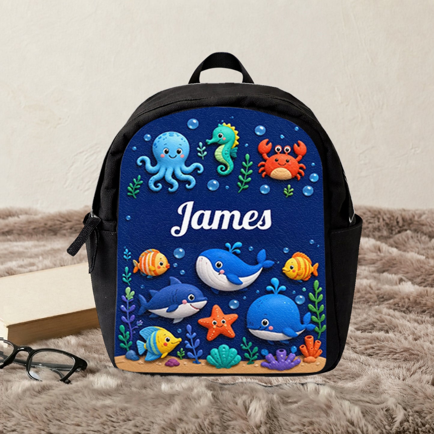 Ocean Life, Back To School Gift - Personalized Kid Changeable Leather Patch Backpack