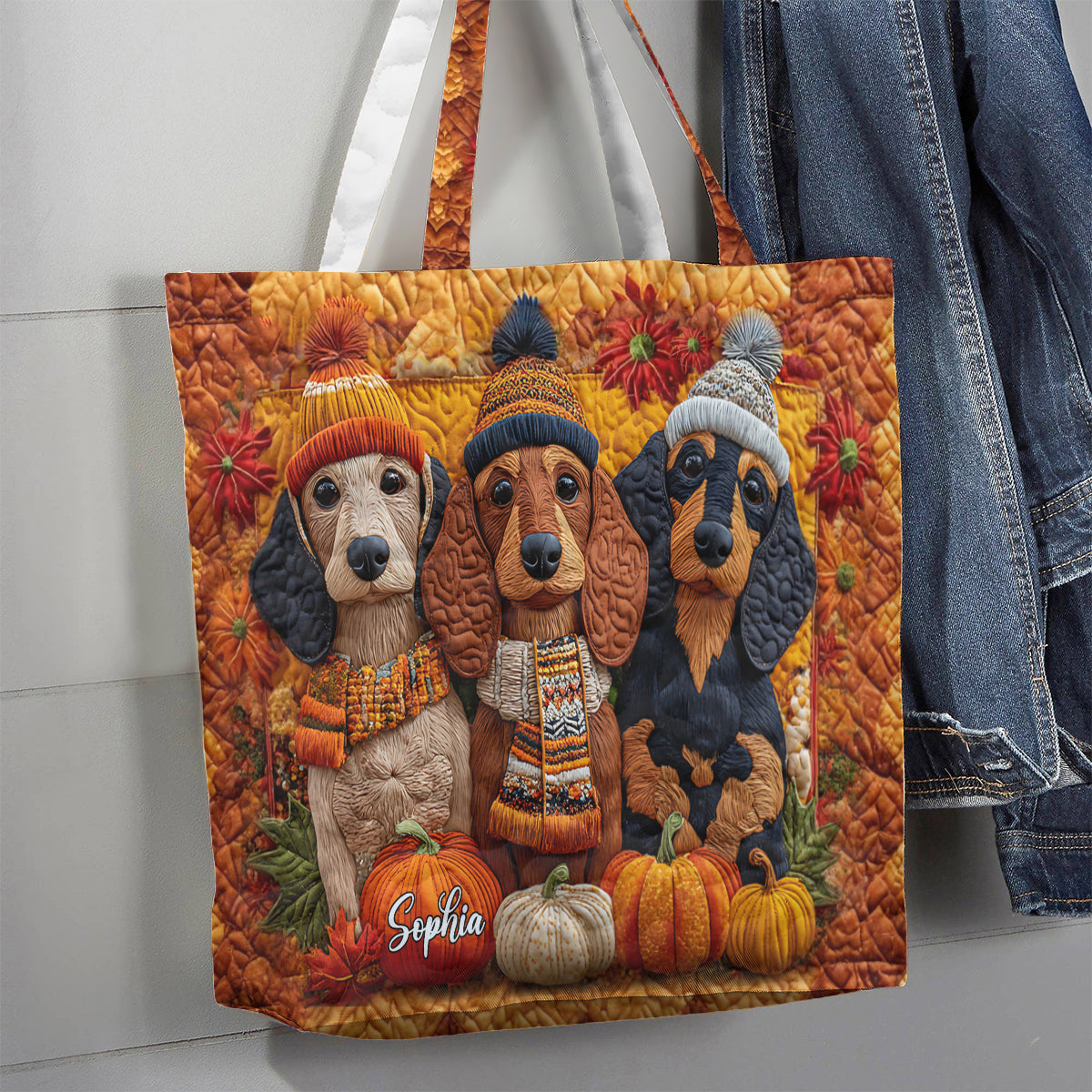 Autumn Dog - Personalized Dachshund Quilted Tote Bag
