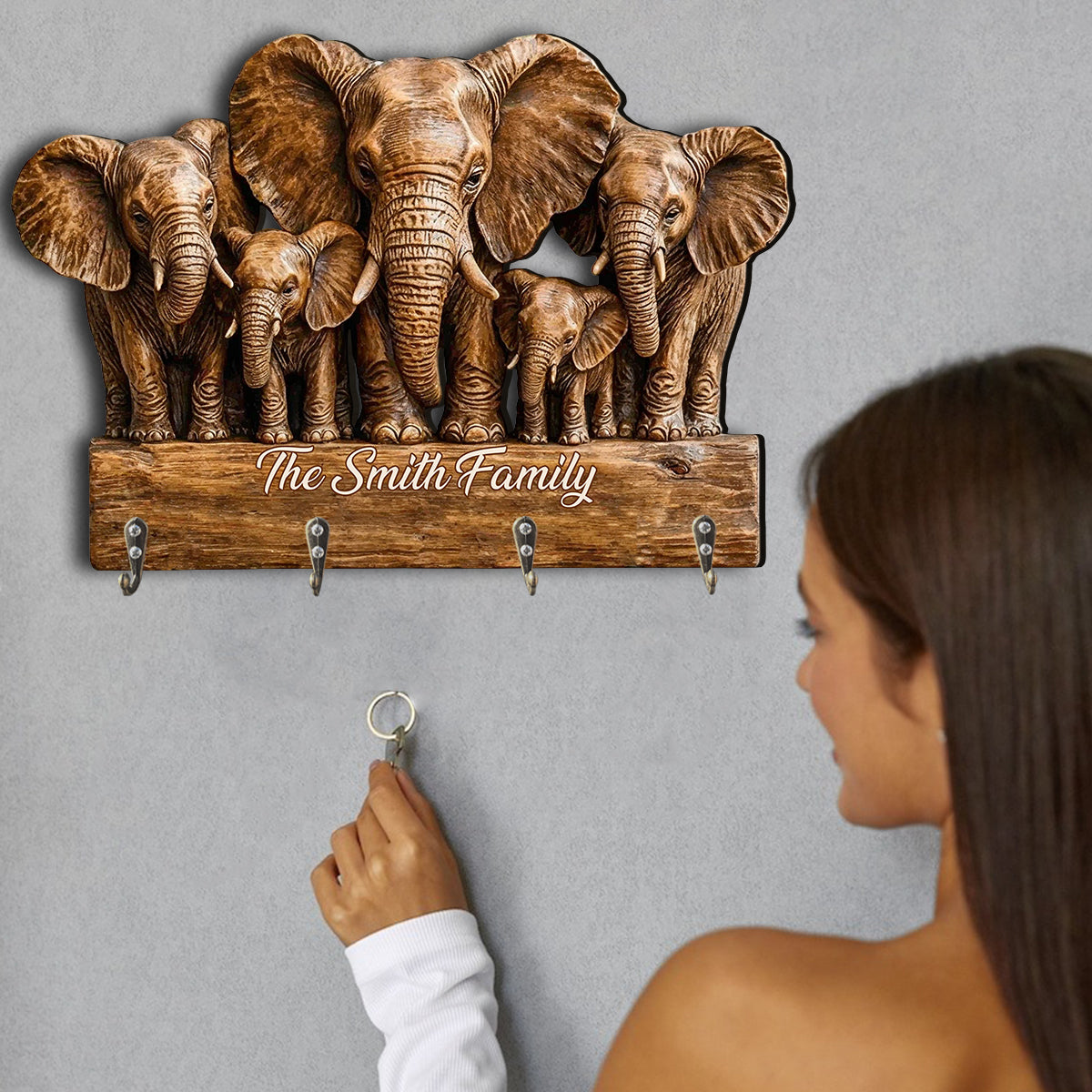 Famille Éléphants - Porte-manteau suspendu personnalisé en forme d'éléphant