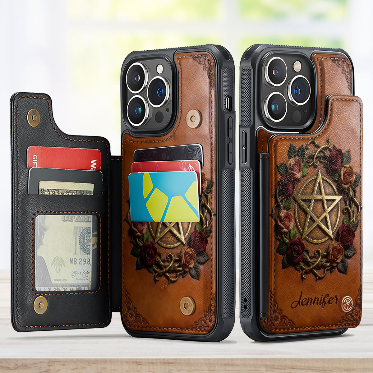 Étui portefeuille pour téléphone personnalisé avec symbole magique et sorcière, entièrement imprimé