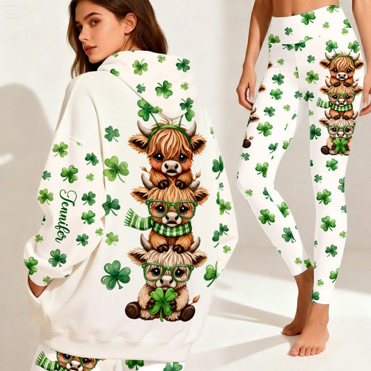 St. Patrick's Day Highland Cow - Personalized Highland Cow Hoodie and Leggings