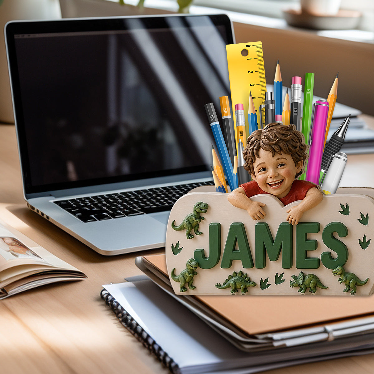 Special Name Wooden Pen Holder - Personalized Kid Wooden Desk Organizer