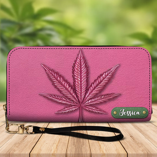 Pink Stoner Chic – Personalisierte Ledergeldbörse im Weed-Stil