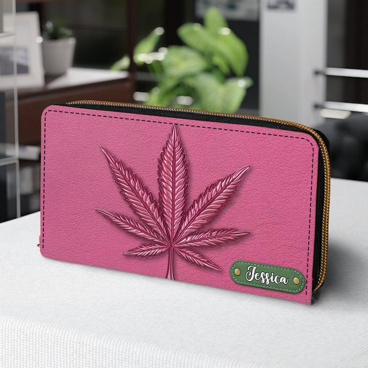 Portefeuille long en cuir rose chic et personnalisé - Motif cannabis
