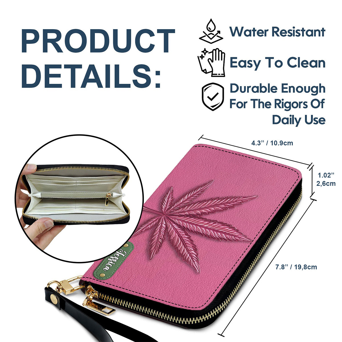 Portefeuille long en cuir rose chic et personnalisé - Motif cannabis