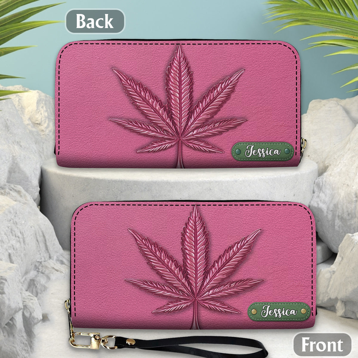 Portefeuille long en cuir rose chic et personnalisé - Motif cannabis