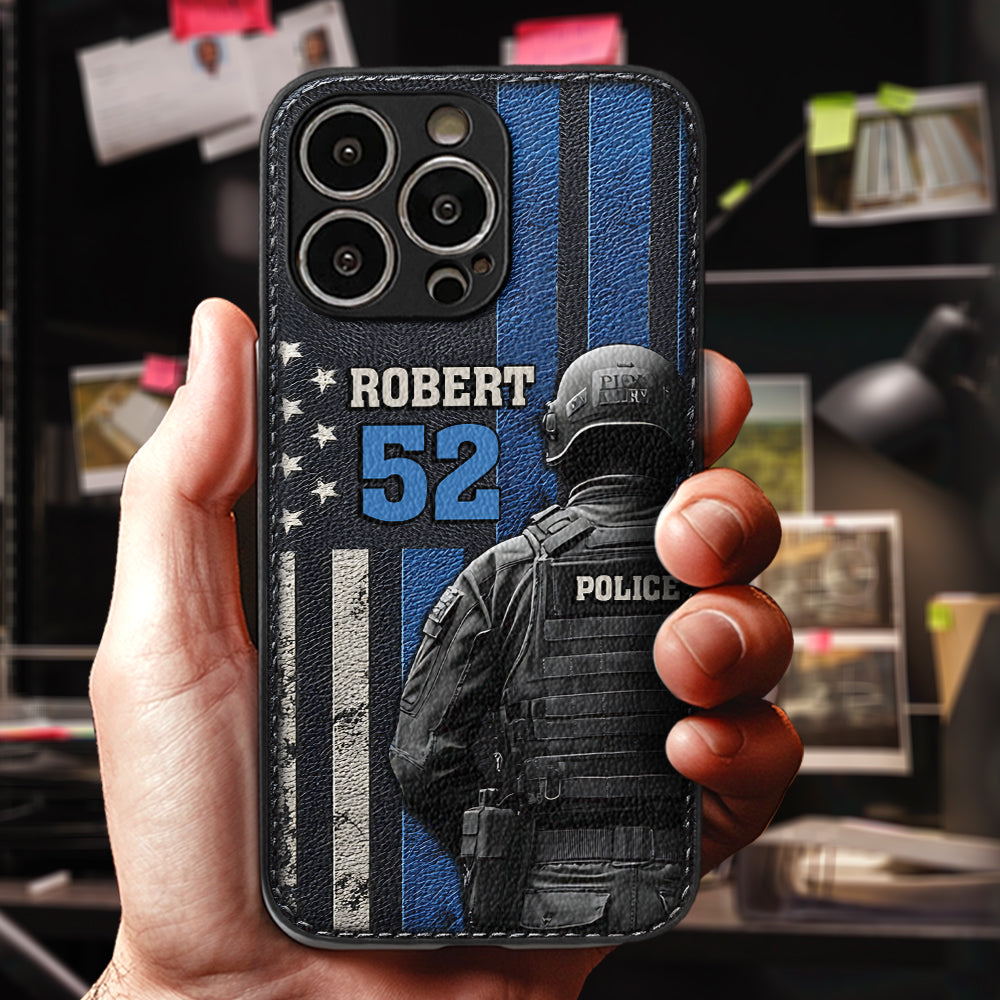Polizeiberufsleben – Personalisierte Handyhülle aus Leder mit Polizeimotiv