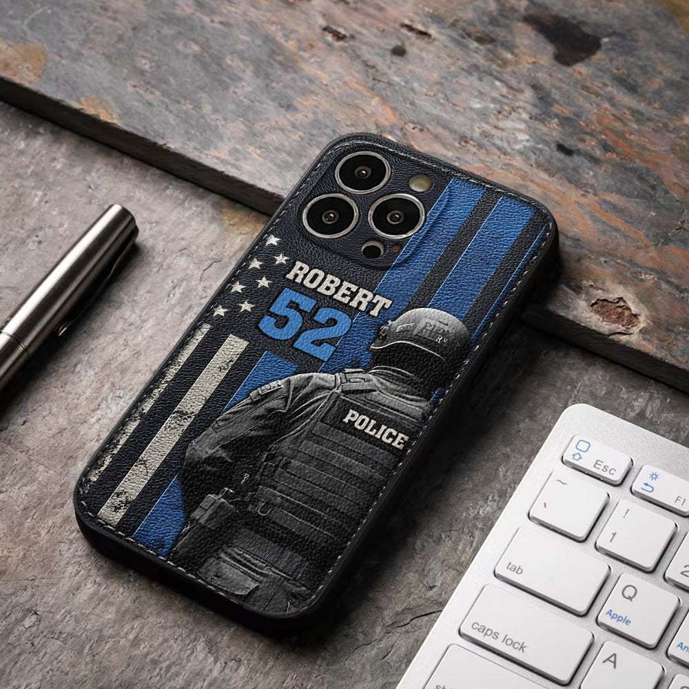 Polizeiberufsleben – Personalisierte Handyhülle aus Leder mit Polizeimotiv
