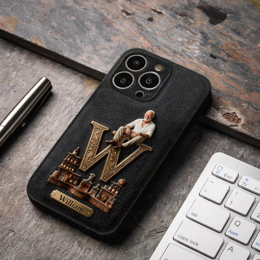 Alphabet Initial For Whiskey, Bourbon... Lovers - Personalized Whisky 3D Embossed Leather Phone Case